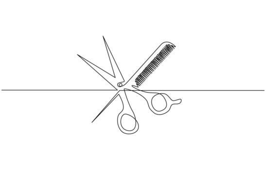 Scissor and comb continuous one line drawing illustration, Set of scissors and comb one line continuous drawing outline vector