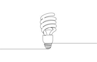Single continuous line art economy light bulb. Compact fluorescent lamp energy saving light bulb, Light bulb creativity concept isolated on a white background. Editable stroke vector