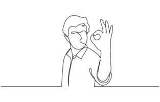 Continuous one line drawing man in casual clothes gesturing ok sign, Business man showing ok hand sign. Single line draw design illustration. vector