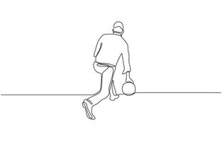Person throwing a bowling ball to make a strike continuous one line drawing, Single continuous line drawing of young happy bowling player man throw bowling ball to hit pins. vector