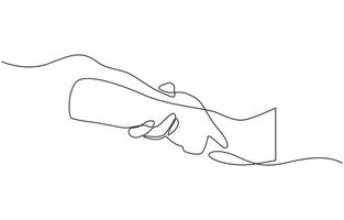 Single line drawing of romantic or helping concept, Two hands reaching out towards each other drawn by continuous one line. Editable outline vector