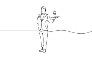 Continuous line drawing of waiters man holding order glass wine on the tray for customer. Minimalism concept one line draw graphic design illustration. vector
