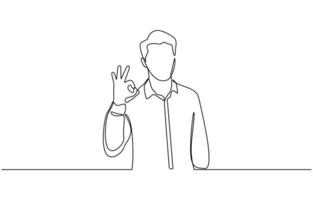 Continuous one line drawing man in casual clothes gesturing ok sign, Business man showing ok hand sign. Single line draw design illustration editable outline. vector