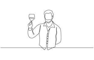 Continuous line drawing of waiters man holding order glass wine on the tray for customer. Minimalism concept one line draw graphic design illustration. Editable outline. vector