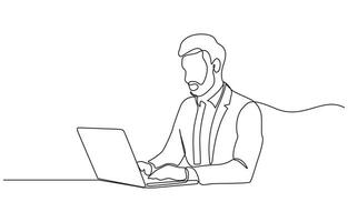 Single line Drawing Man Working Laptop Computer Technology Office Desk, Portrait of a working man at a computer laptop. One continuous drawing line logo single hand drawn. vector