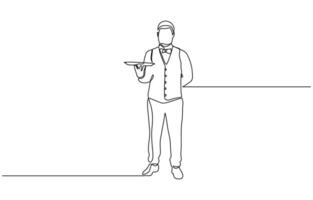Continuous line drawing of waiters man holding order glass wine on the tray for customer. Minimalism concept one line draw graphic design illustration. Editable outline vector