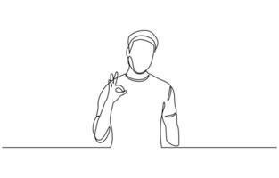 Continuous one line drawing man in casual clothes gesturing ok sign, Business man showing ok hand sign. Single line draw design illustration vector
