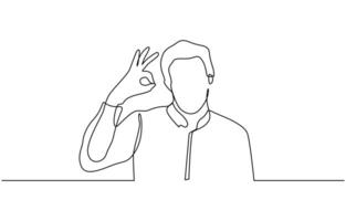 Continuous one line drawing man in casual clothes gesturing ok sign, Business man showing ok hand sign. Single line draw design illustration editable stroke vector