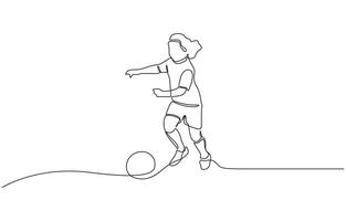 Little child plays with a ball. Children games. One continuous drawing One line continuous of children playing soccer minimalist style illustration. vector