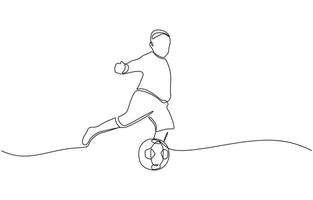 Little child plays with a ball. Children games. One continuous drawing One line continuous of children playing soccer minimalist style illustration vector