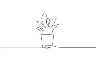 Potted house plant outline drawing illustration. one continuous line drawing of plant in the pot, Editable Stroke, Plant tree in pot in human hands. Continuous one line art. vector