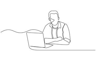 Single line Drawing Man Working Laptop Computer Technology Office Desk, Portrait of a working man at a computer laptop. One continuous drawing line logo single hand drawn art. vector