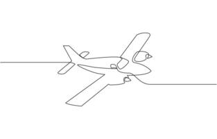 Small plane taking off in continuous line art drawing style. Private airplane flight minimalist design, One continuous line drawing of airport icon. Single line illustration vector
