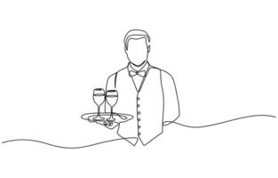 Continuous line drawing of waiters man holding order glass wine on the tray for customer. Minimalism concept one line draw graphic design illustration. Editable stroke vector