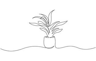 Potted house plant outline drawing illustration. one continuous line drawing of plant in the pot, Editable Stroke, Plant tree in pot in human hands. Continuous one line art vector