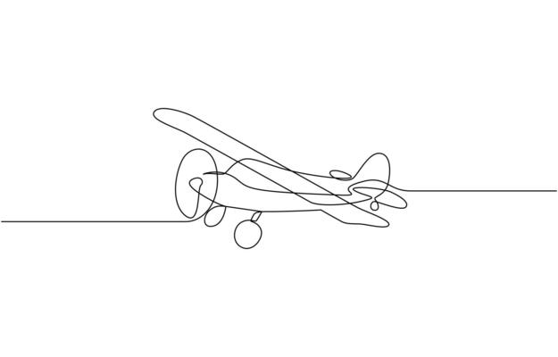 Small plane taking off in continuous line art drawing style. Private airplane flight minimalist design, One continuous line drawing of airport.