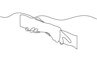 Single line drawing of romantic or helping concept, Two hands reaching out towards each other drawn by continuous one line editable outline. vector