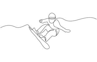 Snowboarder ride speed at mountain in continuous one line drawing, Simple linear continuous style concept. Sports themes design for your asset. vector