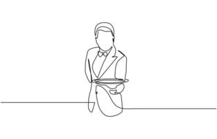 Continuous line drawing of waiters man holding order glass wine on the tray for customer. Minimalism concept one line draw graphic design illustration vector