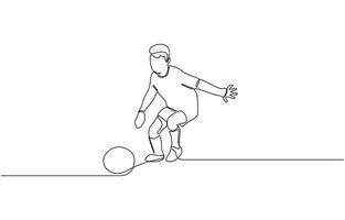 Little child plays with a ball. Children games. One continuous drawing One line continuous of children playing soccer. Minimalist style illustration vector