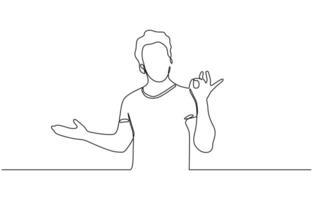 Continuous one line drawing man in casual clothes gesturing ok sign, Business man showing ok hand sign. Single line draw design illustration editable outline vector