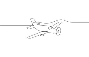 Small plane taking off in continuous line art drawing style. Private airplane flight minimalist design, One continuous line drawing of airport icon. vector