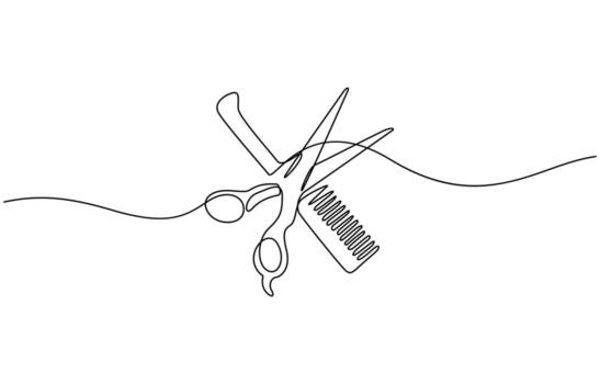 Scissor and comb continuous one line drawing illustration, Set of scissors and comb one line continuous drawing outline design. vector