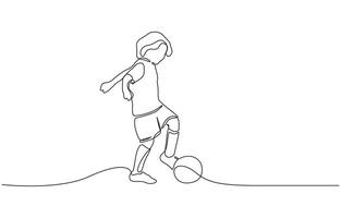 Little child plays with a ball. Children games. One continuous drawing One line continuous of children playing soccer. Minimalist style illustration in white background. vector