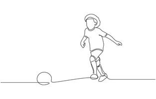 Little child plays with a ball. Children games. One continuous drawing One line continuous of children playing soccer. Minimalist style illustration in white background vector