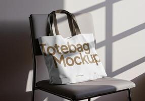 Minimalis tote bag mockup on chair under sunlight side view photo