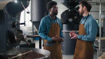 Multiethnic coffee factory workers discussing roasting technique African Caucasian men working small business quality control preparation confident two barista beans roaster machinery beverage indoor video