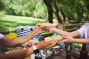 Family Enjoying a Picnic Outdoors in a Scenic Green Park Setting photo