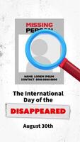 4K animation motion of a magnifying glass searching a missing person poster to commemorate International Day of the Disappeared on August 30, with neutral background. video