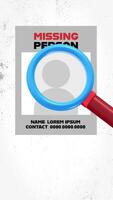 4K animation motion of a magnifying glass searching a missing person poster to commemorate International Day of the Disappeared on August 30 with neutral background. video
