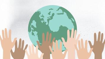 4K animation motion featuring a world map with a raised hand symbolizing global unity, support, activism, and social movements with a clean visual style. video