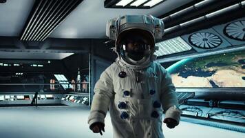Researcher wearing helmet travelling in space with starship, conducting scientific experiments in orbit. Scientist in cosmic equipment preparing to document experimental observations, camera A video
