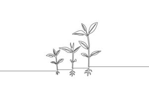 Continuous line drawing of plant growth stages illustrating development and concept of progress for environmental and sustainability context. vector