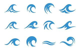 Collection of Twelve Blue Water Wave Icons on a White Background Representing Ocean Sea Surfing and Nautical Themes in a Clean and Minimalist vector