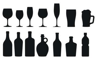 Collection of Black Silhouette Wine Glasses Champagne Flutes Beer Glasses and Bottles Perfect for Bar Restaurant or Party Invitations and Graphic Design Projects vector