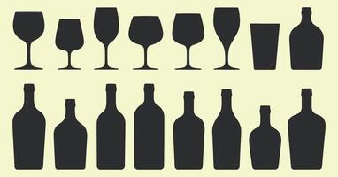 Silhouettes of Various Wine Bottles and Glasses on a Light Yellow Background in a Illustration Style vector