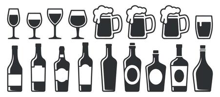 Set of Black Silhouette Alcohol Drinks Icons Wine Glasses Beer Mugs and Bottles Illustration on White Background for Menu or Bar Design vector