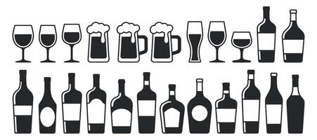 Collection of Black and White Wine Bottles Beer Mugs and Wine Glasses in a Row on a White Background vector