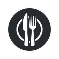 Simple black and white knife and fork on plate icon vector