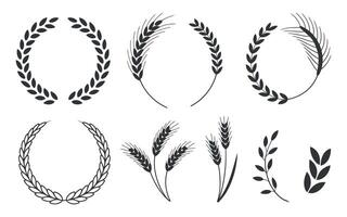Collection of Wheat and Laurel Wreath Illustrations in Black Silhouette Style on White Background for Logos Awards and Agricultural Designs and Decorations vector