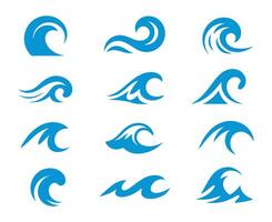 Collection of Twelve Blue Wave Icons on a White Background Representing Ocean Water Sea Surfing Nature and Aquatic Themes for Graphic Design and vector