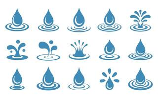 Collection of Blue Water Drop Icons with Ripples and Splashes Isolated on White Background Representing Purity Cleanliness and the Essence of Water vector
