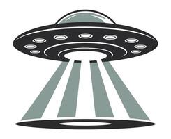 Simple black and gray illustration of a flying saucer with light beams vector