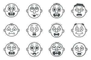 Set of Nine Cartoon Baby Face Expressions in Monochrome Style vector