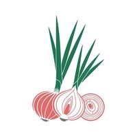 Simple Illustration of Red Onions with Green Tops and Slices vector