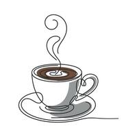 One line drawing of a steaming coffee cup with saucer vector